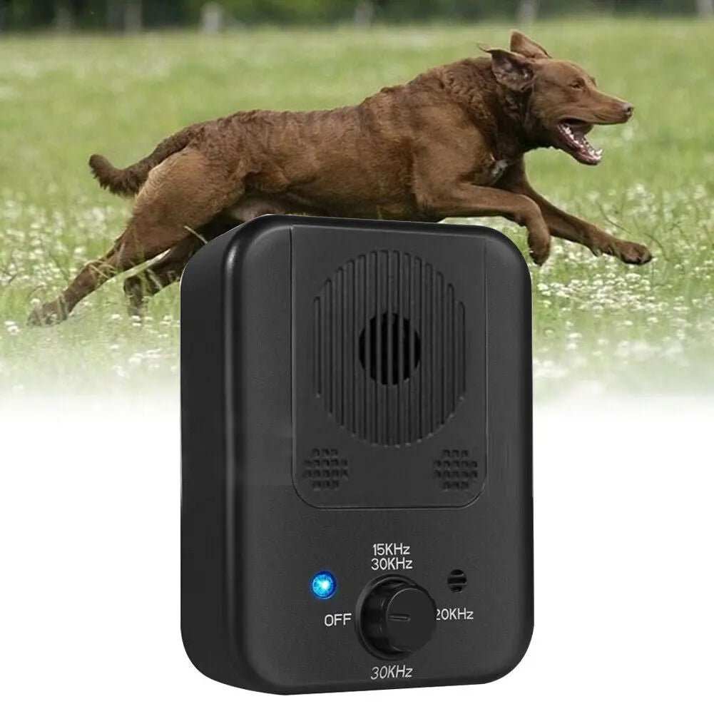 Anti-barking control device, Anti Barking with Ultrasonic, in black with a speaker grille, blue indicator and frequency dial