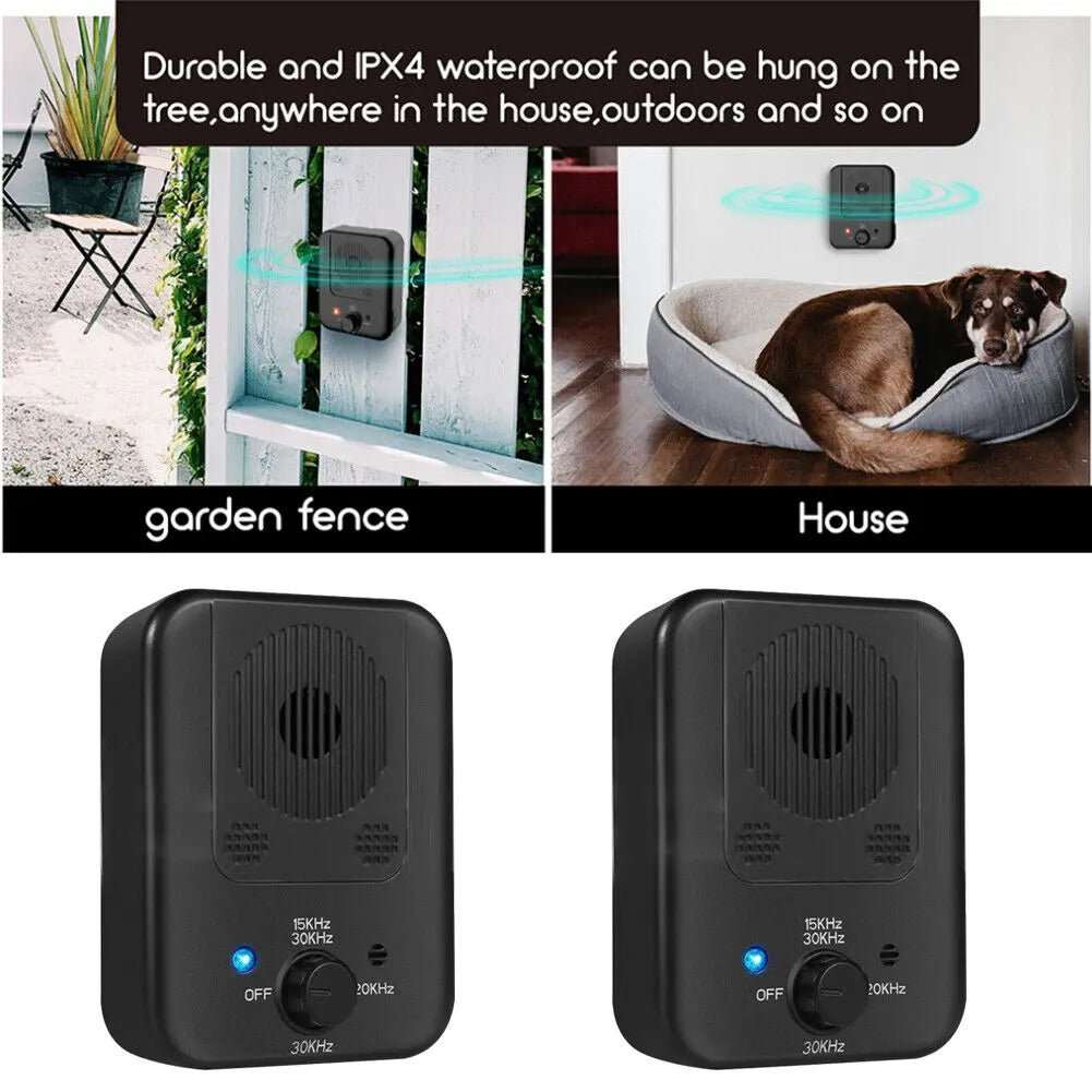 Anti Barking with Ultrasonic black rectangular control device with speaker grille, blue indicator light and frequency dial