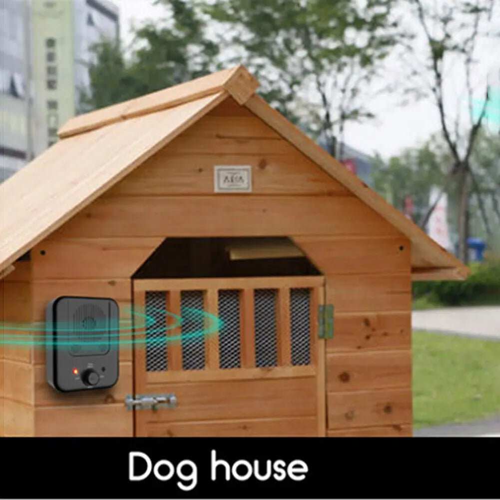 Anti Barking with Ultrasonic device mounted on a wooden doghouse, featuring a black rectangular body and circular control