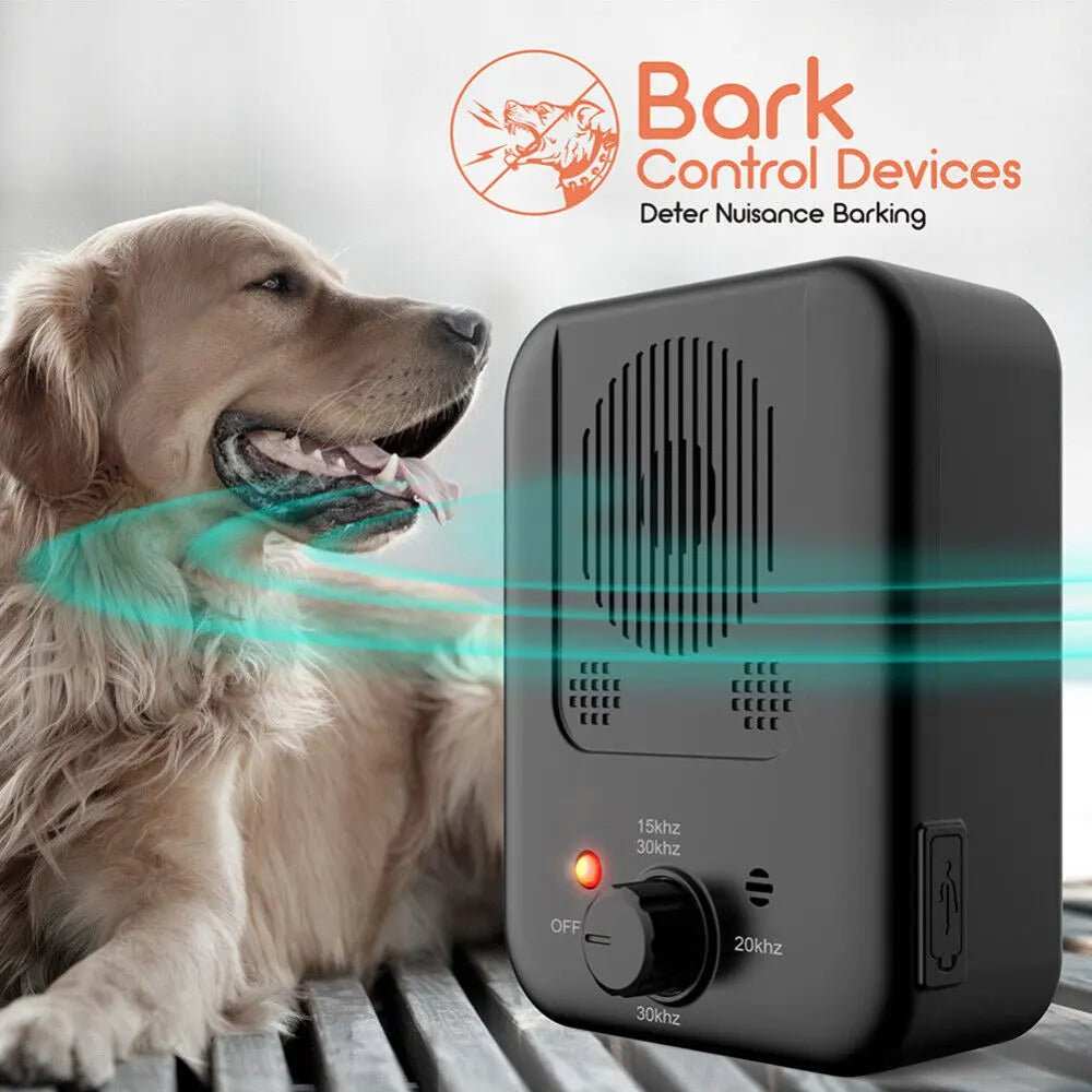 Anti Barking with Ultrasonic black plastic control device with speaker grille, frequency dial and red indicator beside a dog
