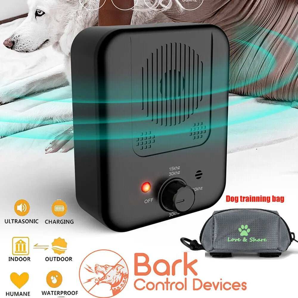 Anti Barking with Ultrasonic device in black plastic, with speaker grille, control dial, red indicator light and charging port