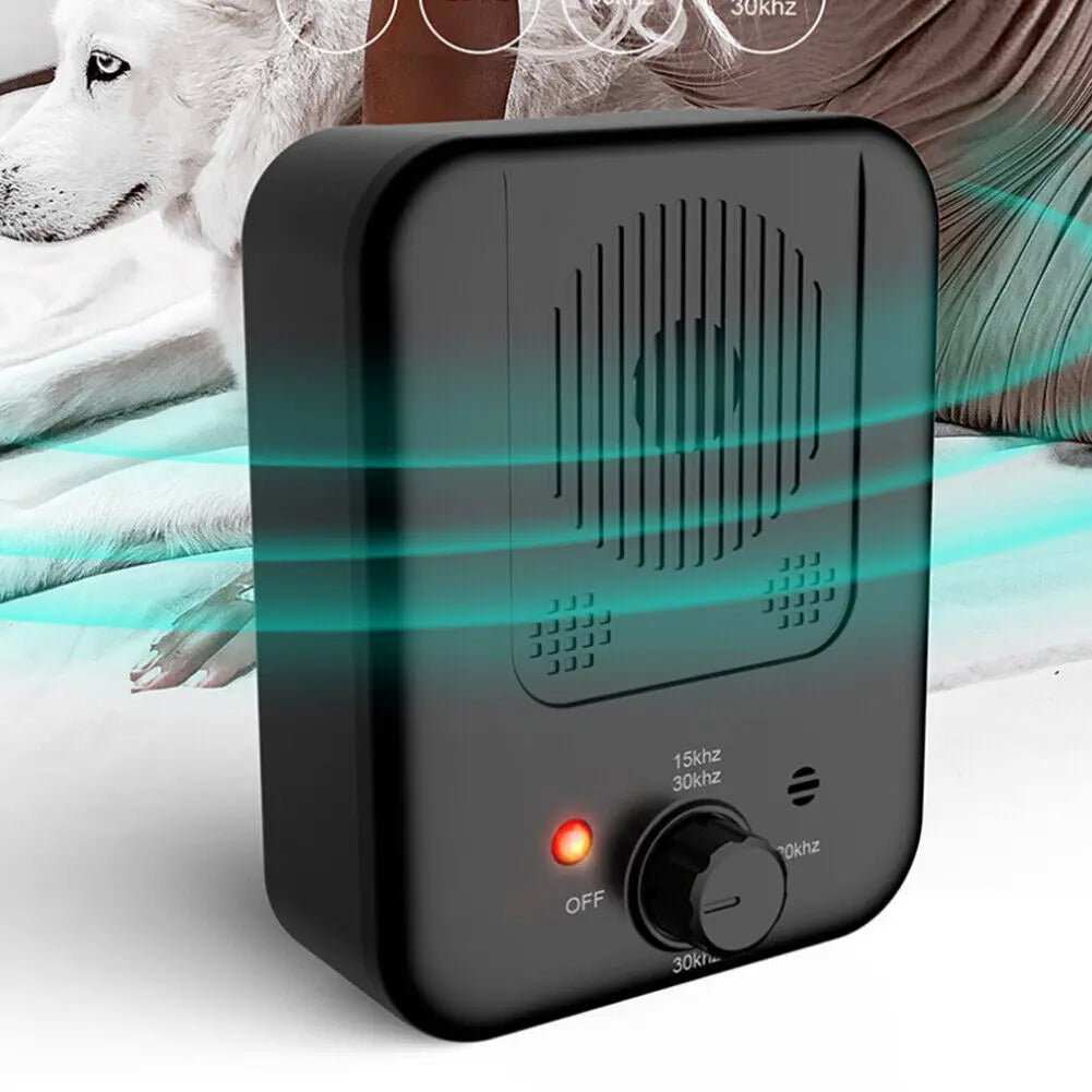 Black ABS ultrasonic bark control device with front speaker grille, red indicator light and adjustable frequency dial, Anti Barking with Ultrasonic
