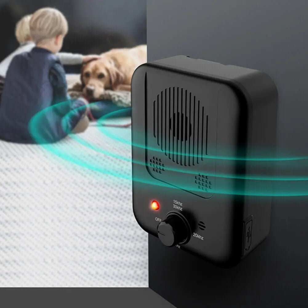 Anti Barking with Ultrasonic control device, black plastic with speaker grille, red indicator light and frequency dial