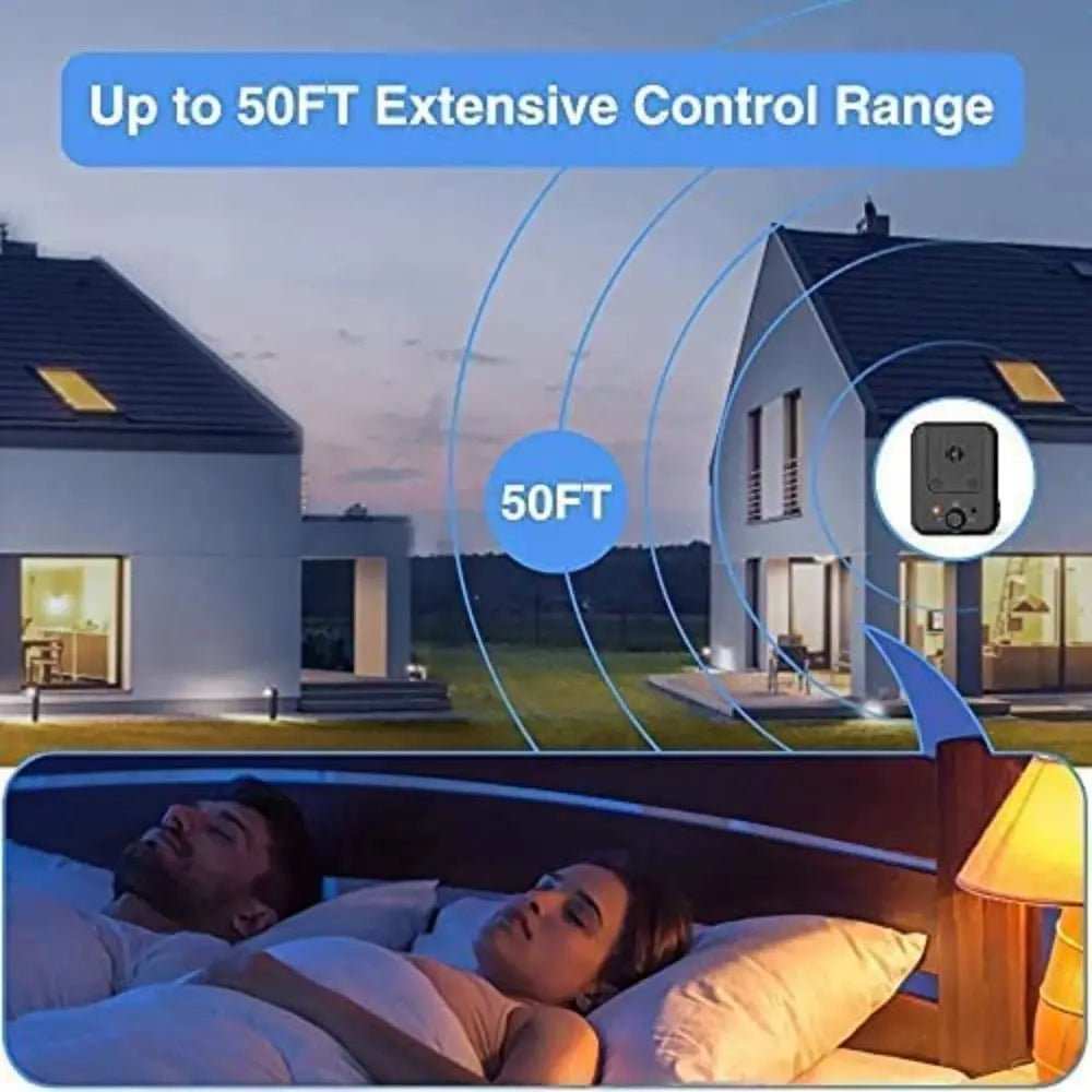 Anti Barking with Ultrasonic control device shown between houses, with a graphic illustrating its 50-foot range while people sleep