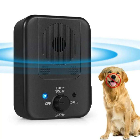 Ultrasonic bark control device in black ABS with speaker grille, blue indicator light and frequency selector; Anti Barking with Ultrasonic
