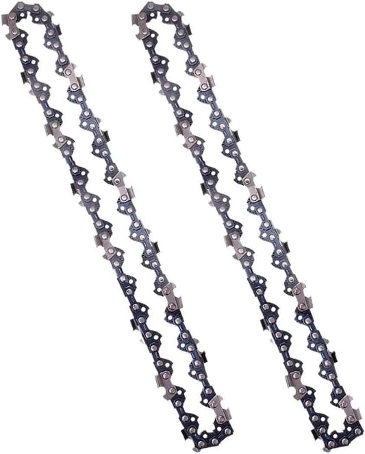 Batteries, Chains, Charger replacement set featuring two silver high-carbon steel chains with linked cutting teeth and dark rivets.