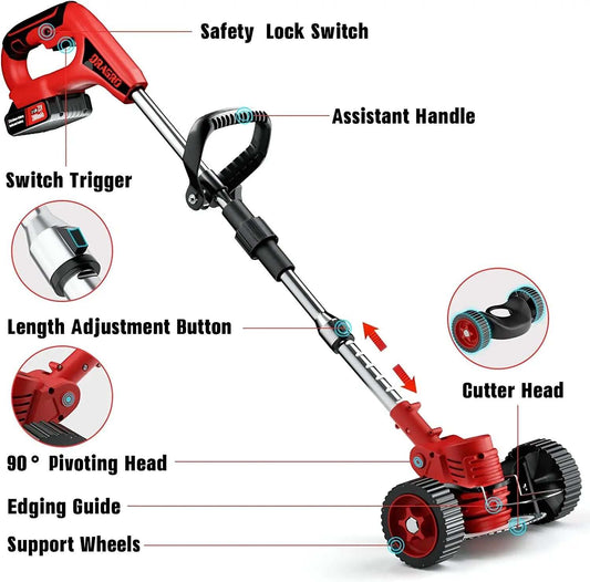 Electric Cordless Weed Cutter with a red and black motor, silver adjustable shaft, support wheels and pivoting head
