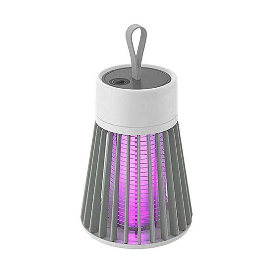 Mosquitoes Zapper with gray plastic slatted body, white top, purple LED glow, and a built-in hanging loop.