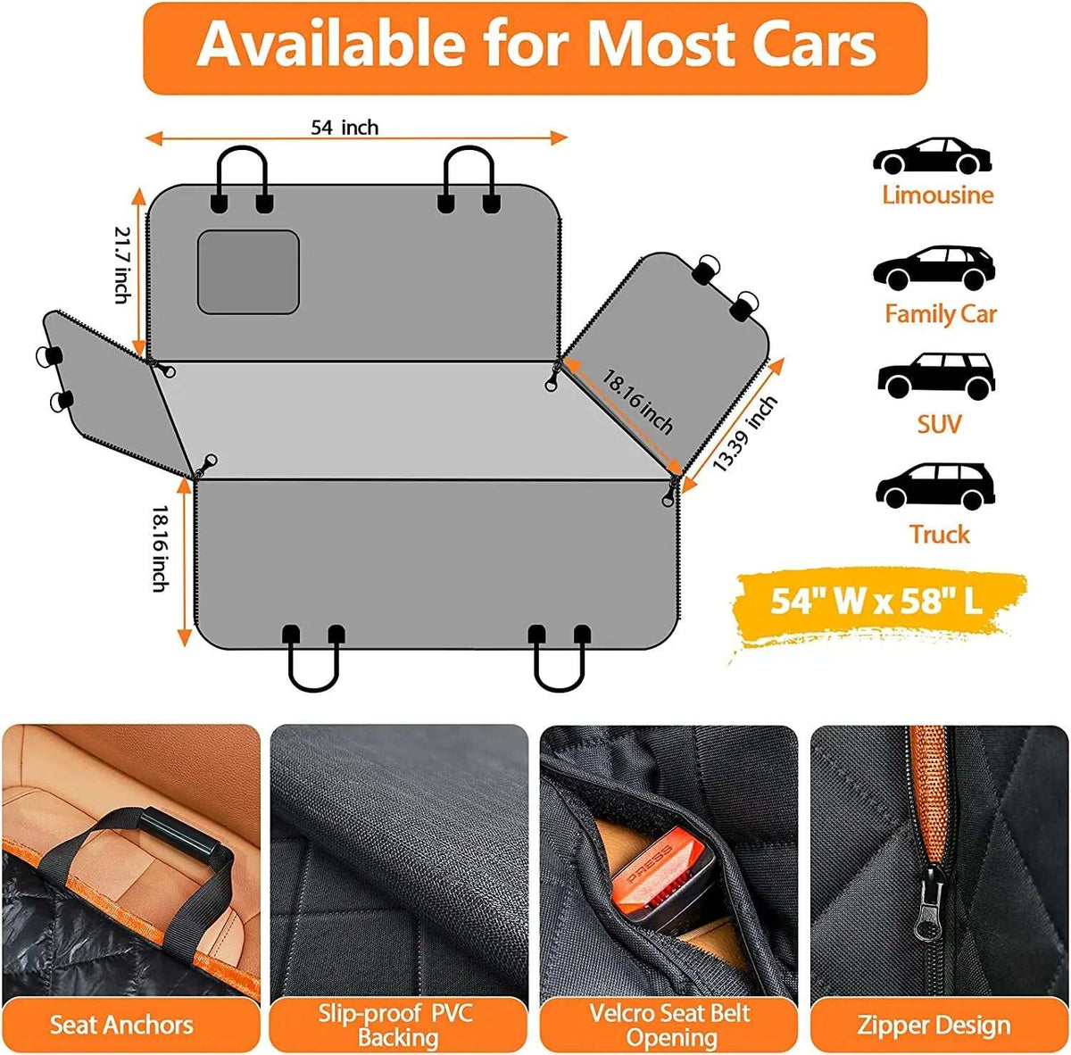 Pet Waterproof Seat Cover in black quilted fabric, with seat anchors, slip-proof backing, belt openings and side zippers