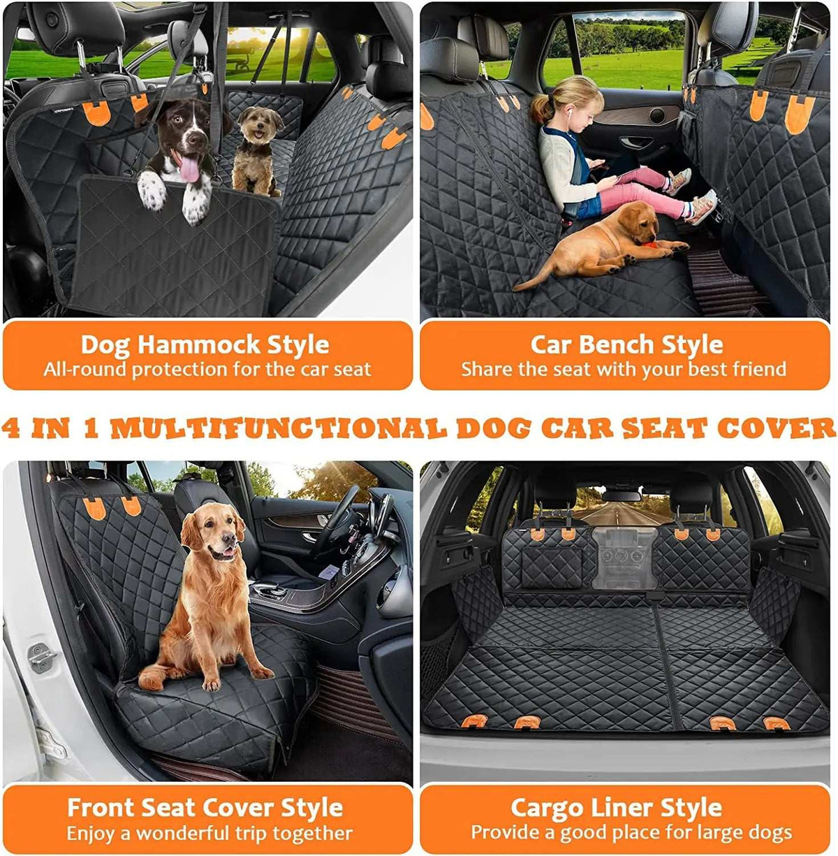 Pet Waterproof Seat Cover in black quilted fabric with orange straps, shown as a hammock, bench, front seat and cargo liner