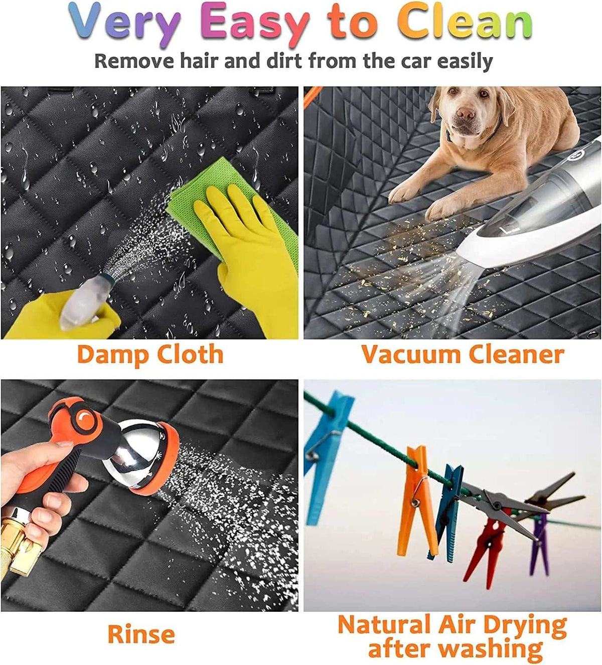 Pet Waterproof Seat Cover in black quilted fabric shown with damp cloth wiping, vacuuming and rinsing for easy cleaning