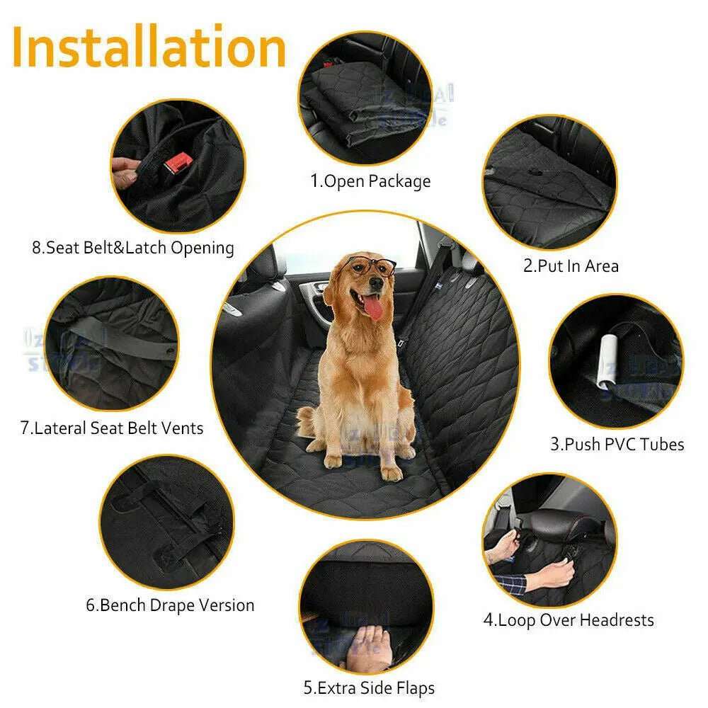 Pet Waterproof Seat Cover in black quilted fabric shown with a dog and labeled installation steps, including straps and belt openings.