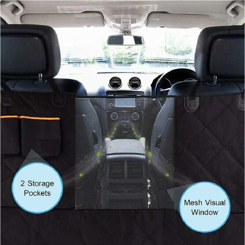 Pet Waterproof Seat Cover in black quilted fabric with mesh visual window, two storage pockets and orange trim