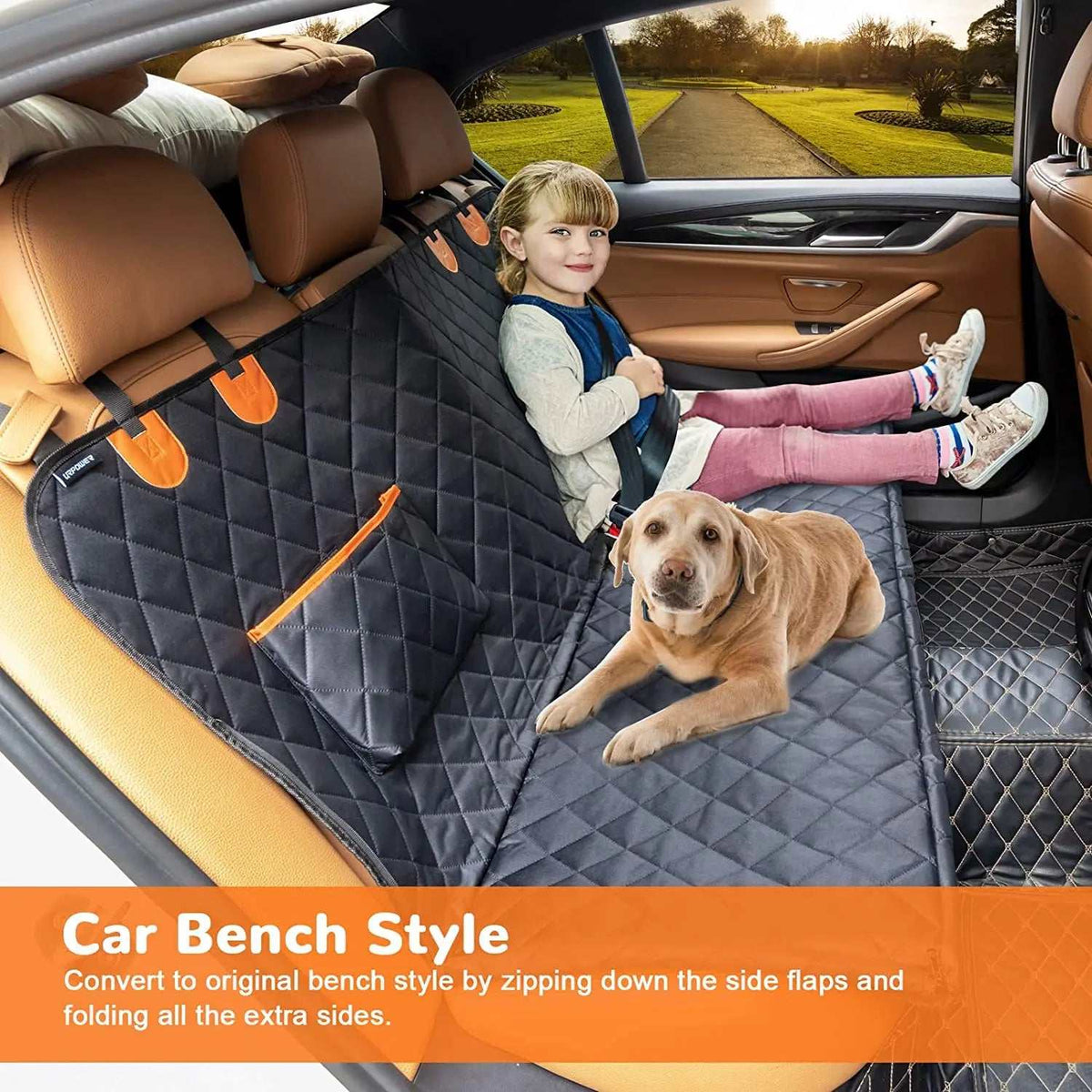 Pet Waterproof Seat Cover in black quilted fabric with orange trim, covering a car bench beneath a child and dog