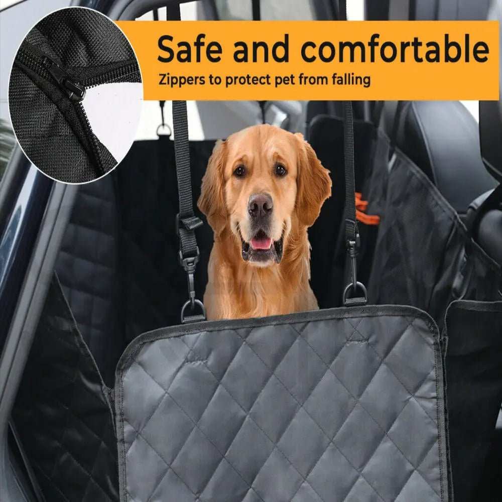 Pet Waterproof Seat Cover in black quilted fabric with raised zippered side panels, straps and mesh sections for car travel