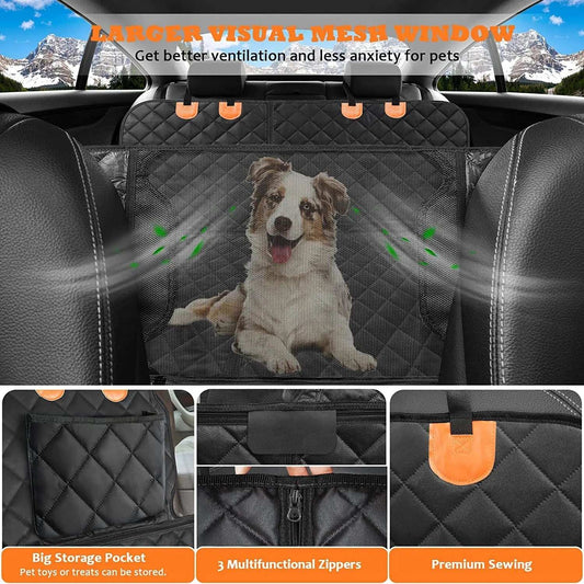 Pet Waterproof Seat Cover in black quilted fabric with mesh window, orange strap loops, storage pocket and zippers